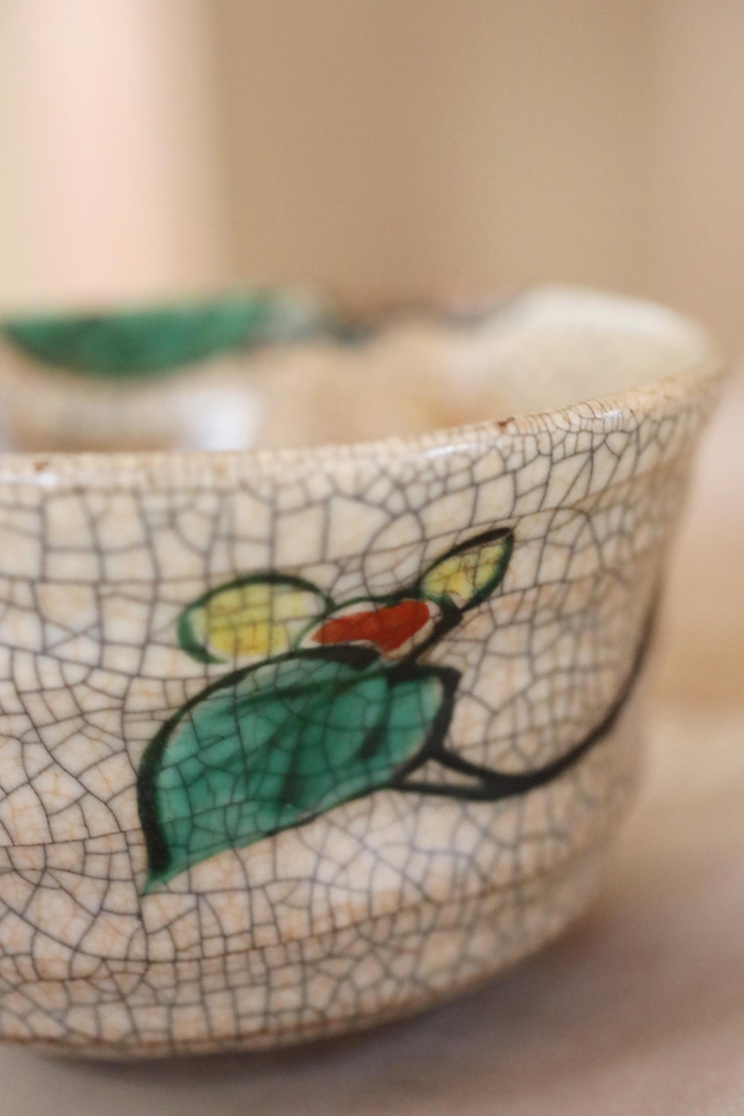 A close-up image of a ceramic bowl with a green leaf design on it.