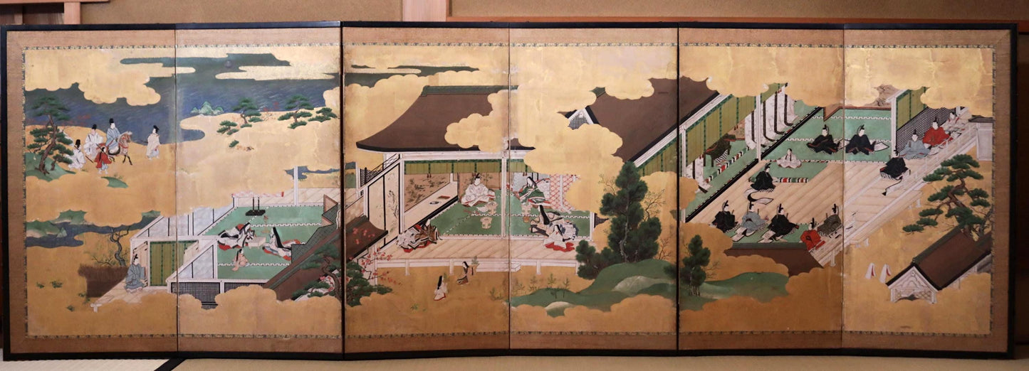 Antique Japanese Byobu Folding Screen - Edo Period Tale of Genji Art, Gold Leaf Decor