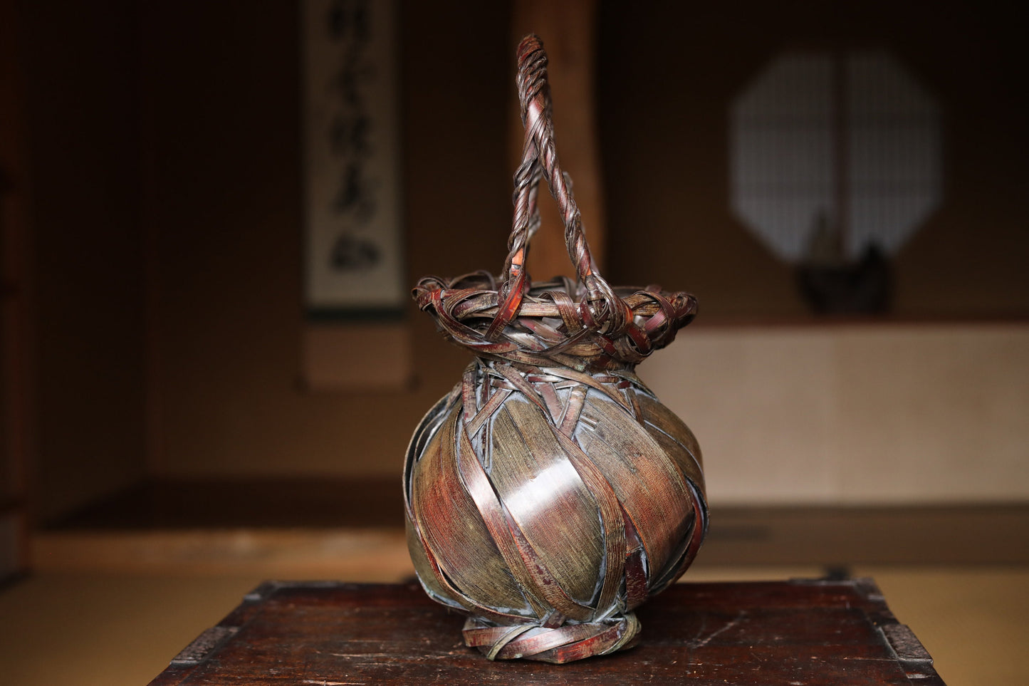 Vintage Bamboo Basket - Japanese Woven Ikebana Flower Container | Smoke Stained