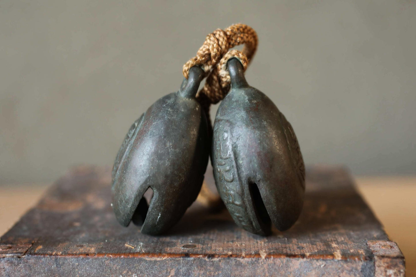 Japanese Bronze Bells - Vintage Bronze Bell Pair with Kanji Suzu for Entryway Display