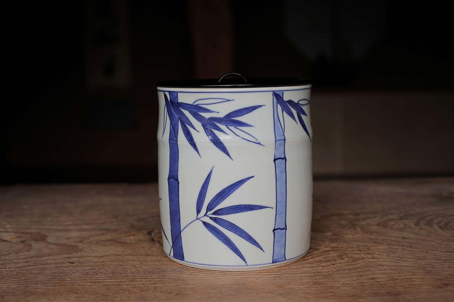 Vintage Mizusashi Jar - Sometsuke Porcelain Tea Vessel with Lacquered Wood Lid