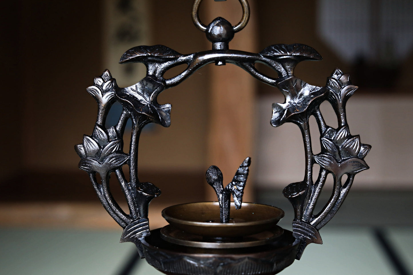Japanese Bronze Lantern - Hanging Candle Holder Pair With Lotus Flower Candlestick