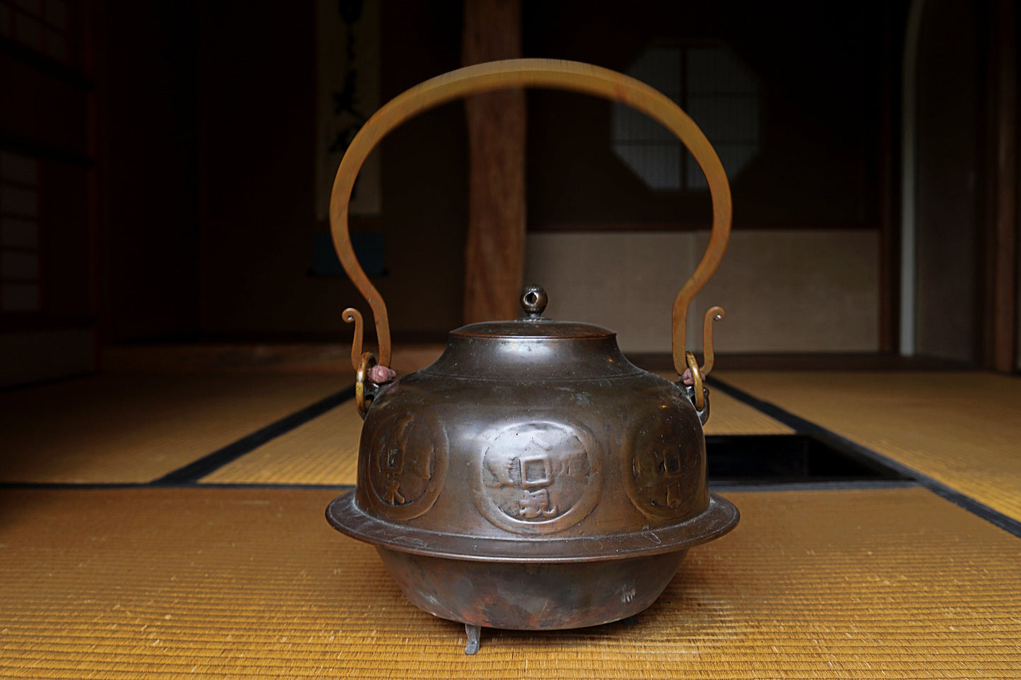 Antique Bronze Tea Kettle – Japanese Tea Ceremony Kettle with Kanji Coin Design