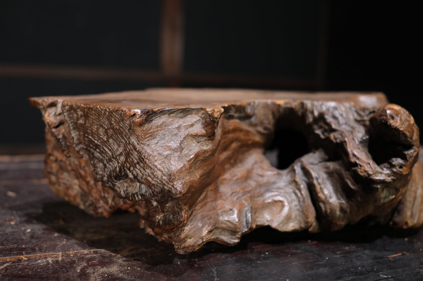 Wood Burl Display Stand - Japanese Antique Pedestal With Large Wood Slab Base