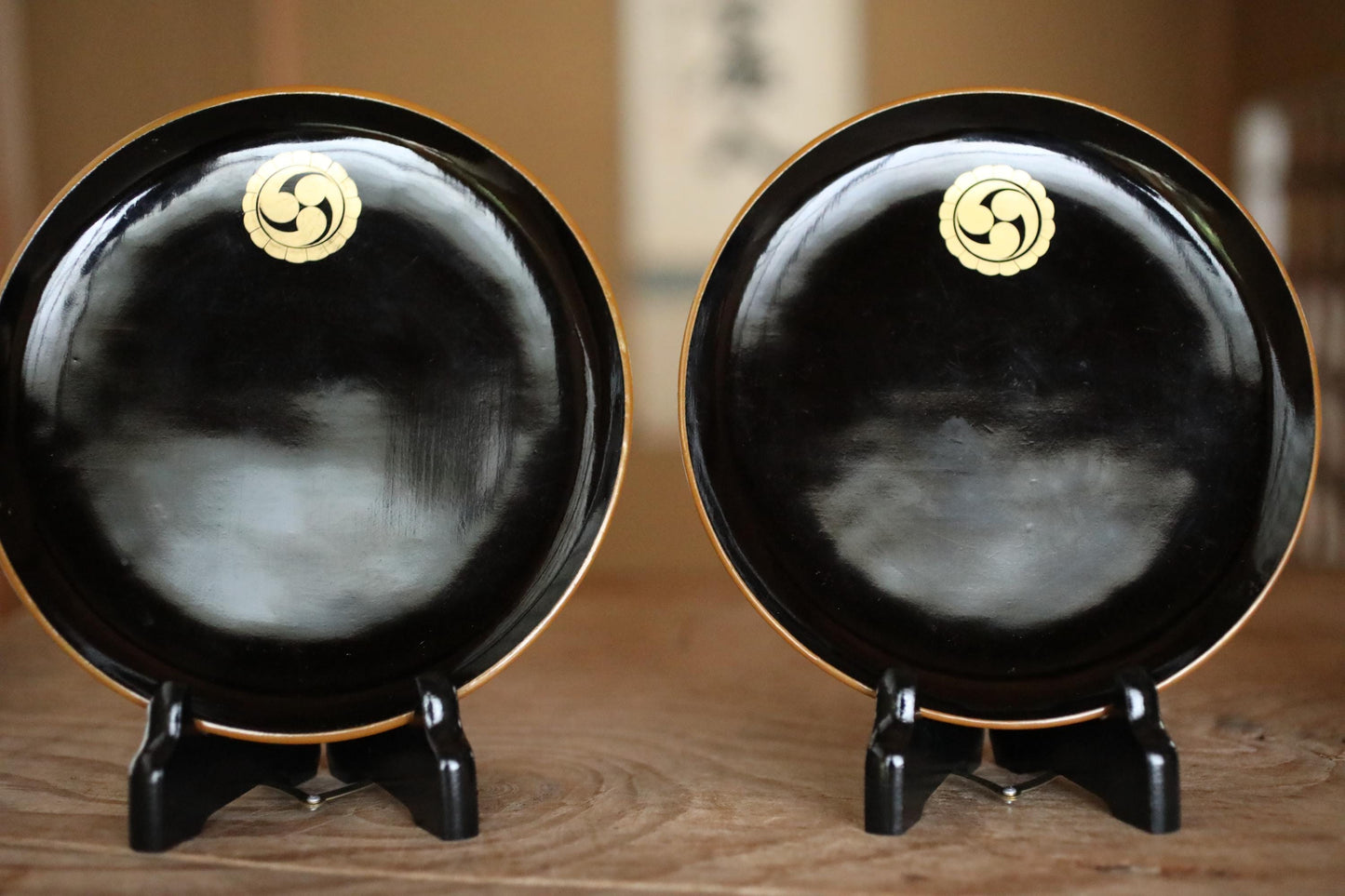 Antique Urushi Plates - Japanese Lacquerware Set of 4 with Gold Rim & Mitsu Tomoe Crest