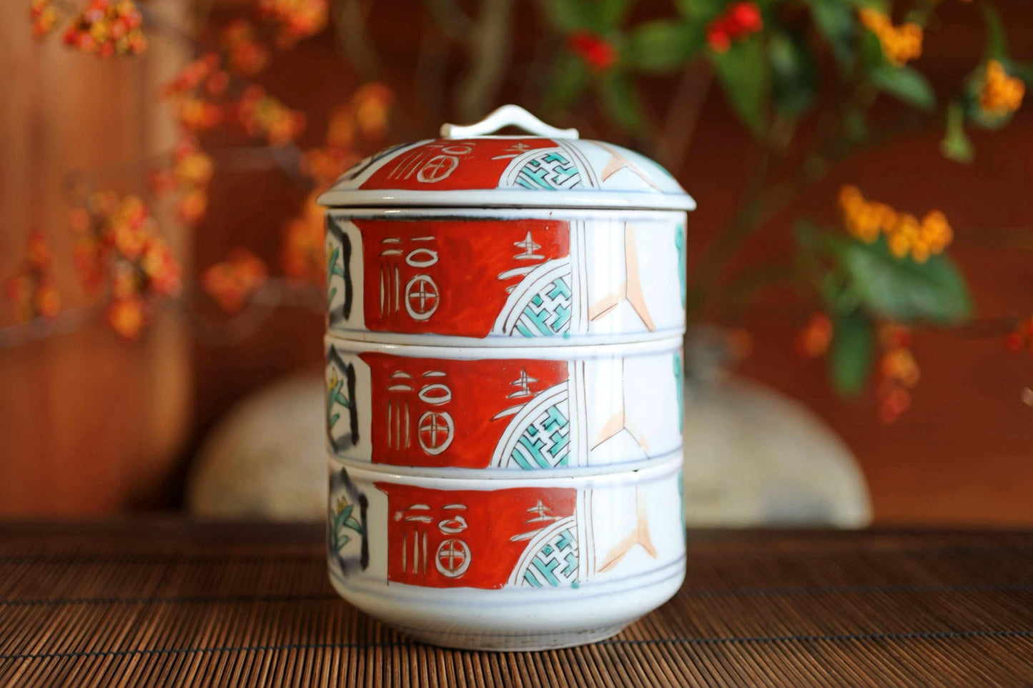 Jubako- Antique Porcelain Box, Seaweed Pattern, Stacking Ceramic Container