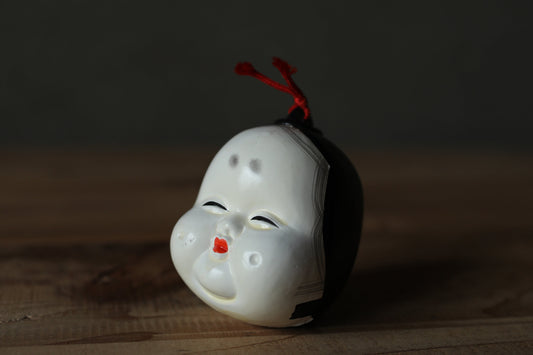 Vintage Pottery Bell – Japanese Small Bell With Okame Face Charm | Good Fortune Ornament