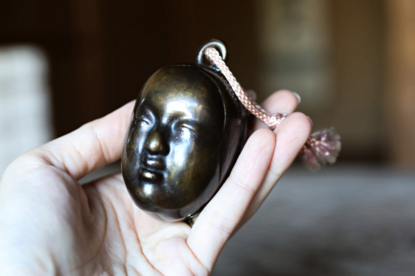 Vintage Bronze Bell - Japanese Noh Mask Koomote Ornament Paperweight 3in