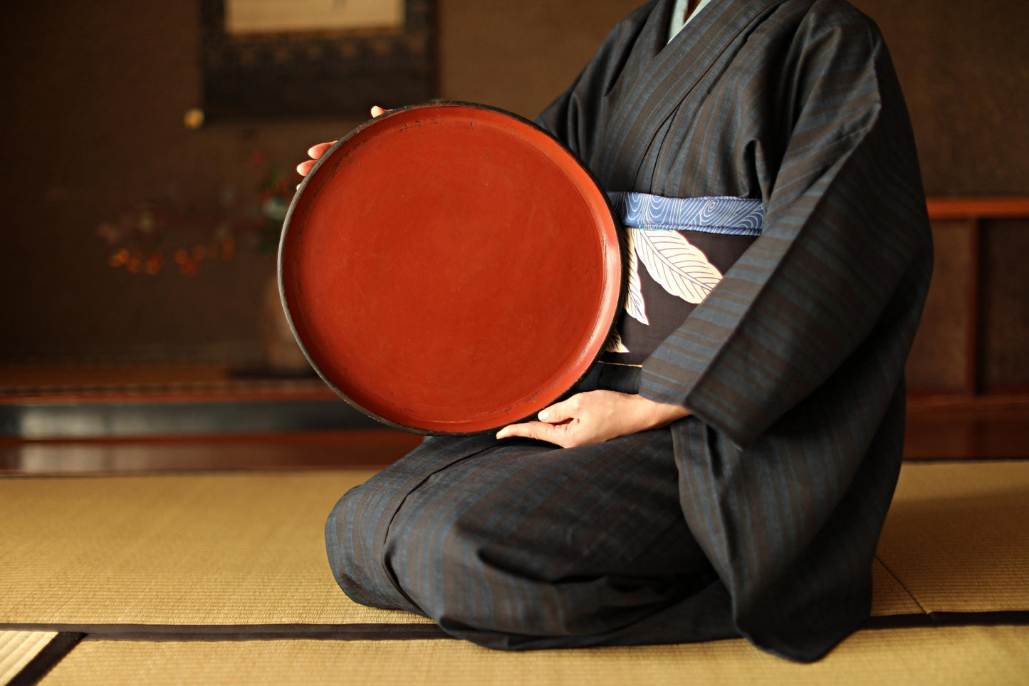 Antique Negoro Tray – Japanese Lacquer Round Obon Tray, Signed Artisan Wood