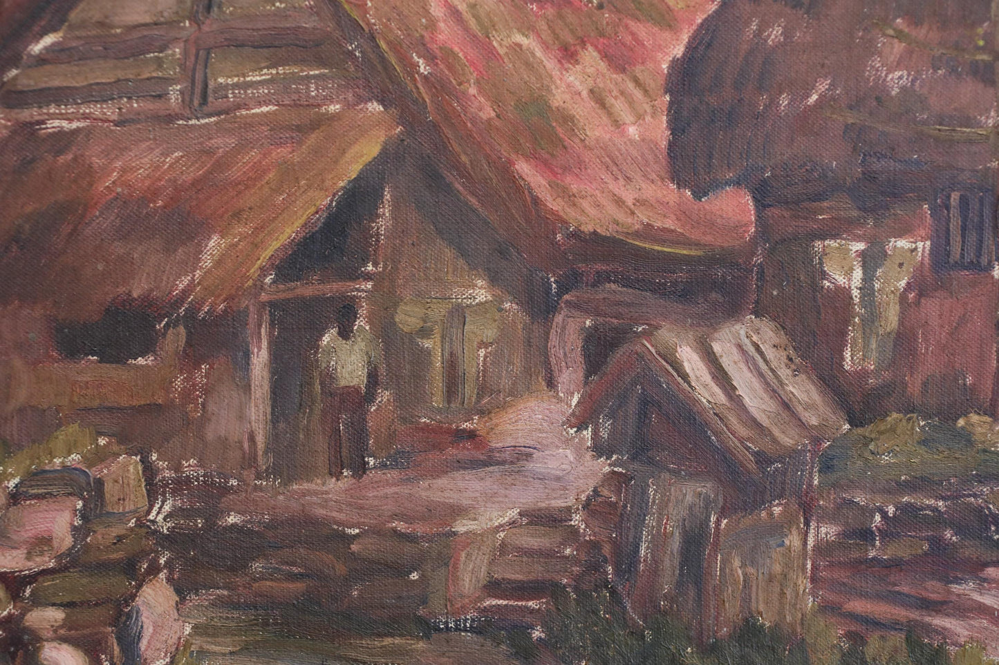 The image is an oil painting depicting a rural scene with a large wooden structure, possibly a barn or house, surrounded by smaller structures and a person standing in the foreground.