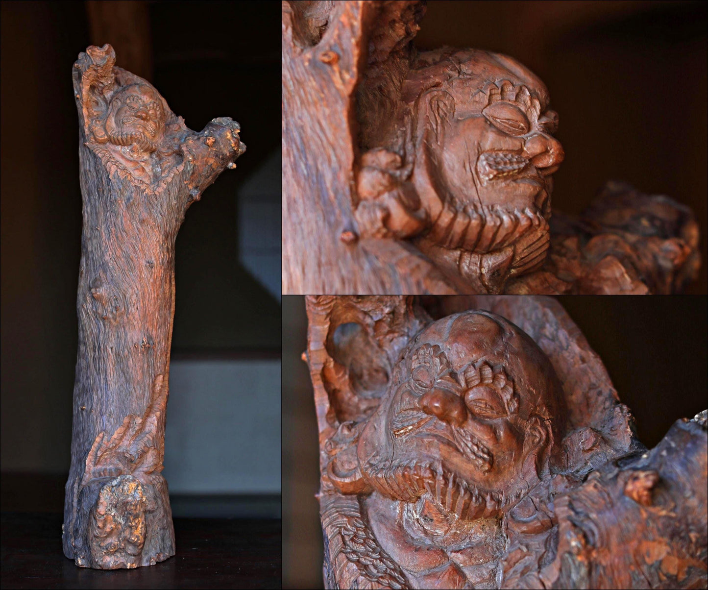 Japanese Daruma Sculpture - Large Hand Carved Wood Burl Art Zen Buddhist Statue