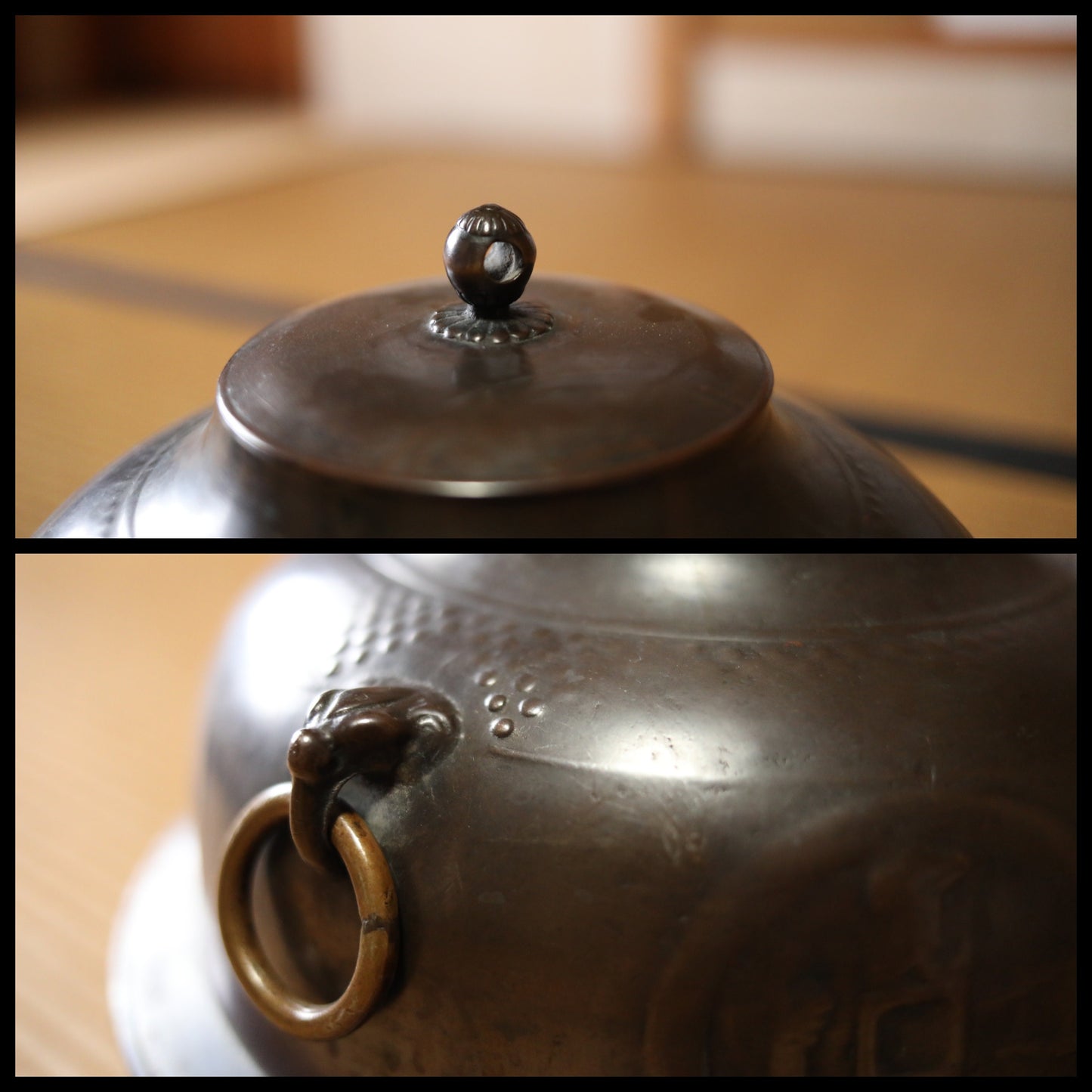 Antique Bronze Tea Kettle – Japanese Tea Ceremony Kettle with Kanji Coin Design
