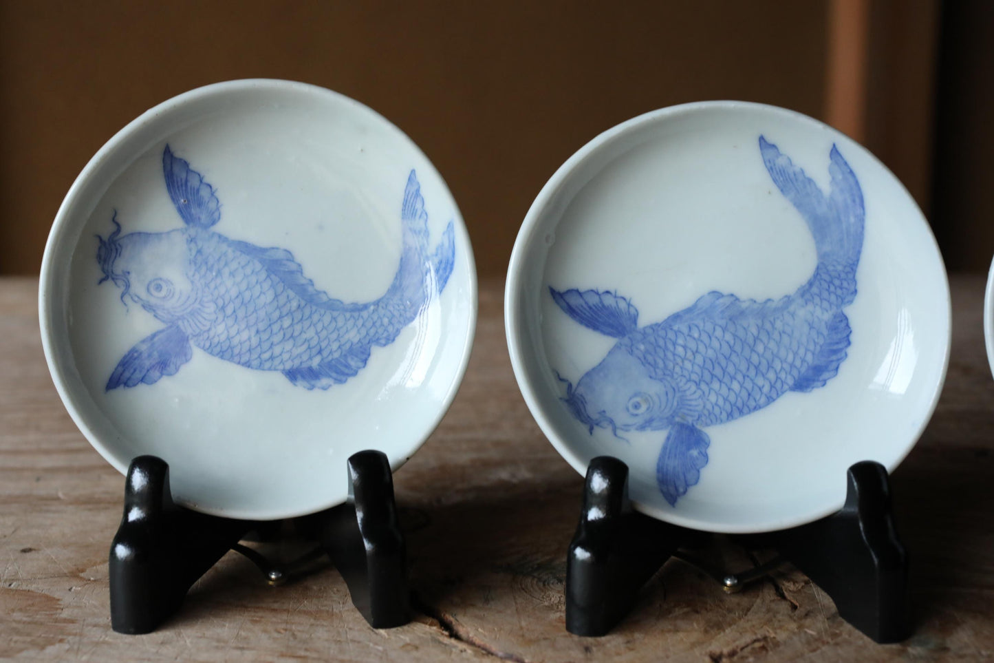 Vintage Japanese Porcelain Plates – Set of 8 Small Blue White Koi Carp Fish Design