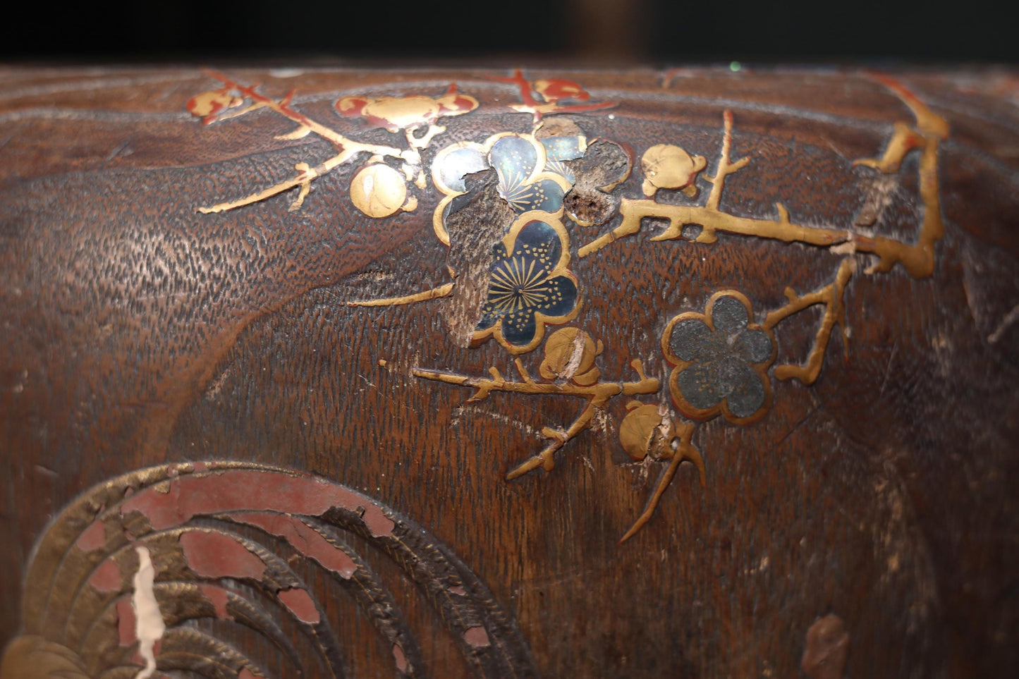 Antique Japanese Hibachi | Traditional Charcoal Brazier with Makie Quail & Plum Blossom Inlay