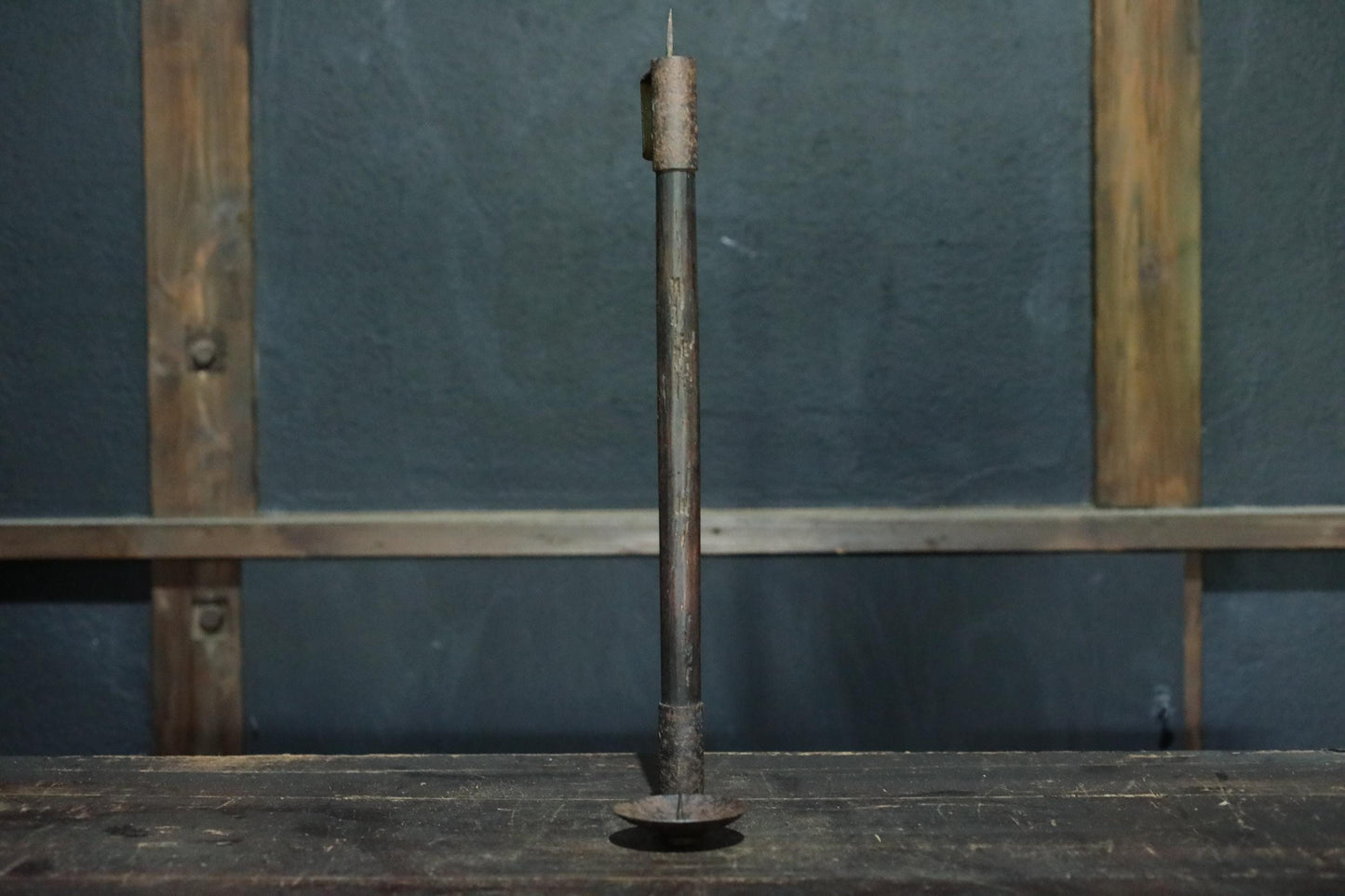 Japanese Antique Candle Stand – Edo Period Wood & Iron Hanging Holder with Defensive Design