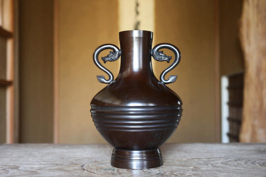 Vintage Japanese Vase - Bronze Dragon Handle Vase with Metallic Dark Brown Finish (H9.4in)