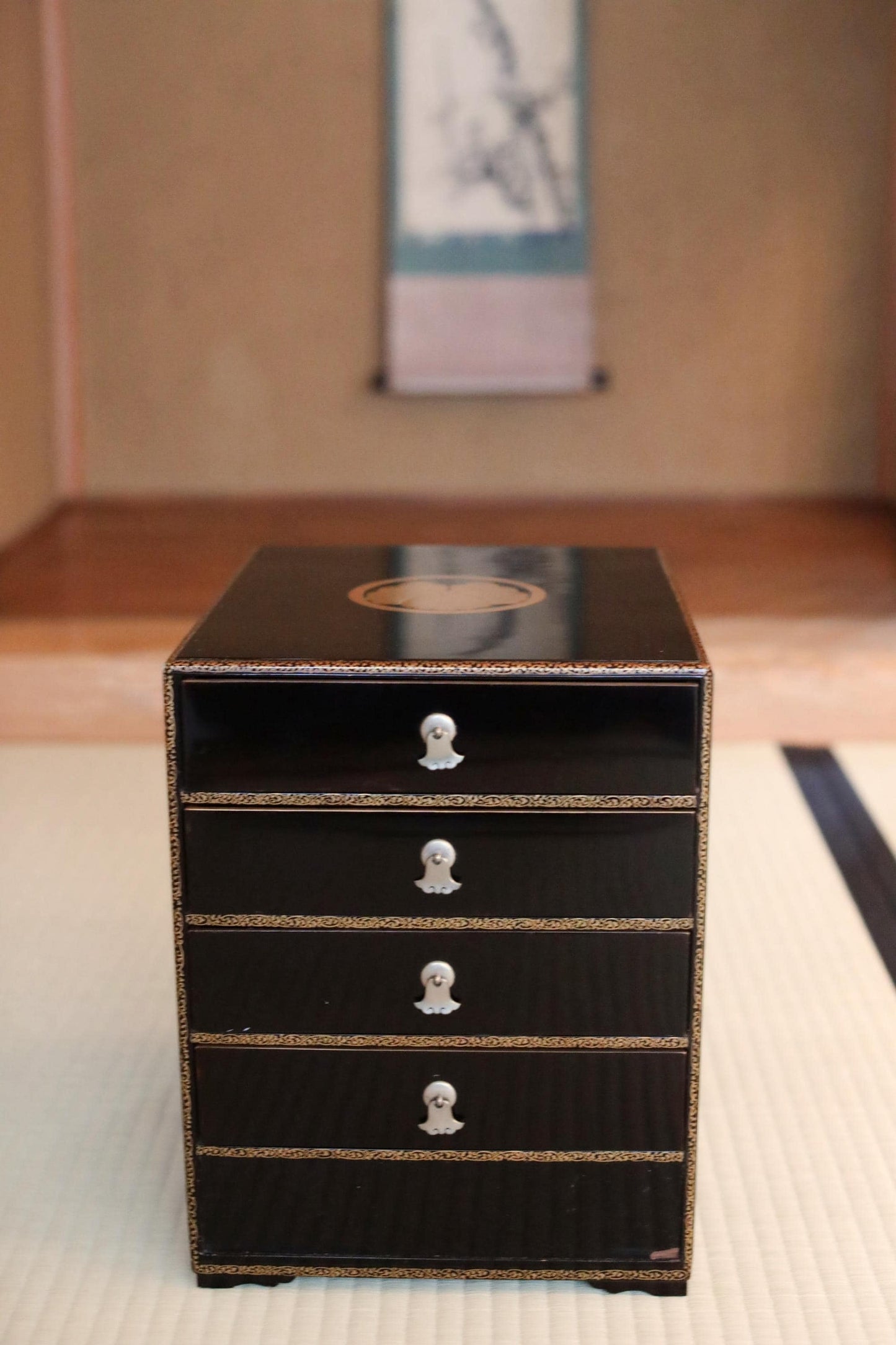 Tansu Chest: Black Lacquer Japanese Temple Chest With Gold Makie Family Crest & Glossy Finish