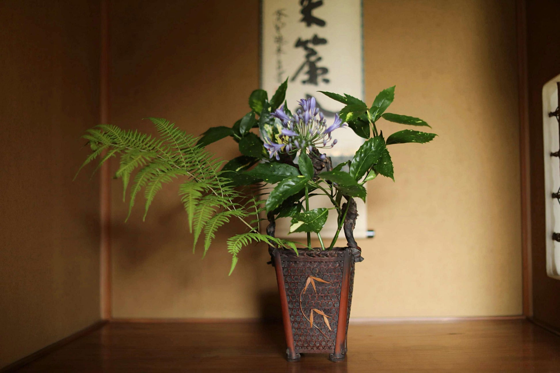 A potted plant with green leaves and purple flowers sits on a wooden surface, with a traditional Japanese-style banner hanging in the background.