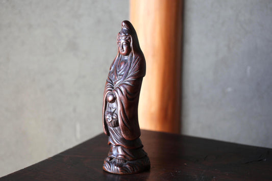 Antique Bizen Kannon Statue – 1920s Unglazed Stoneware Buddhist Figurine