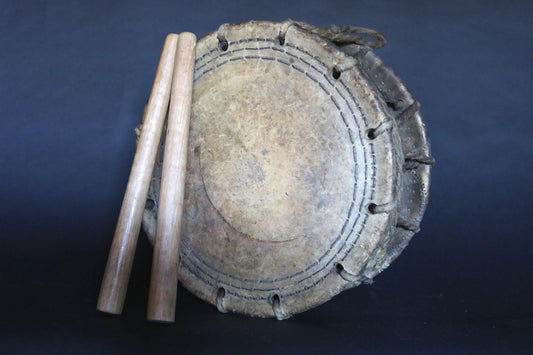 Antique Japanese Drum - Edo Period Drum With Wooden Drumstick Set, 1800s Vintage