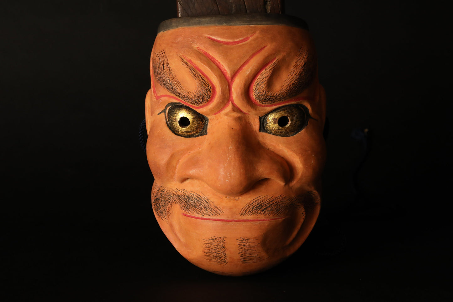 Japanese Noh Mask - Vintage Demon Wood Carving with Silk Pouch & Gold Eyes
