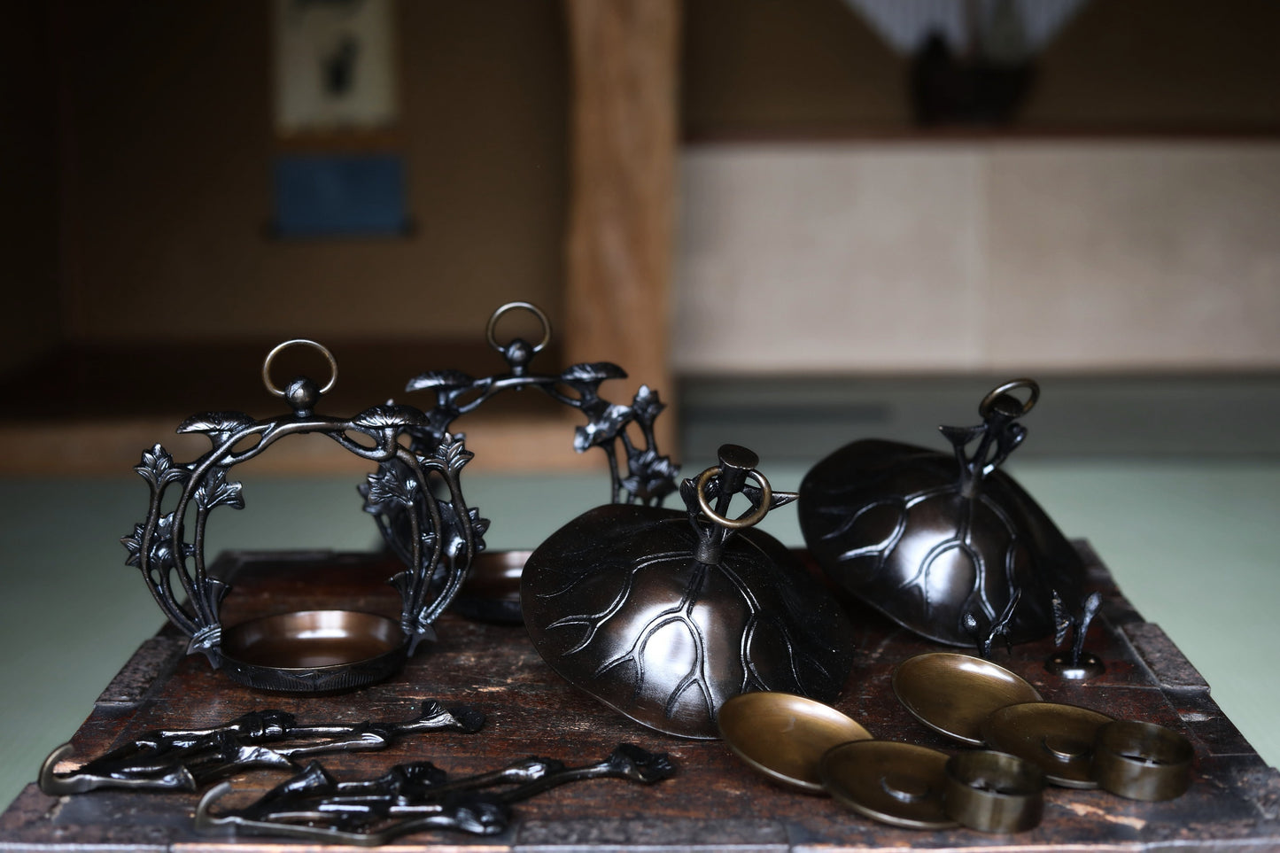 Japanese Bronze Lantern - Hanging Candle Holder Pair With Lotus Flower Candlestick
