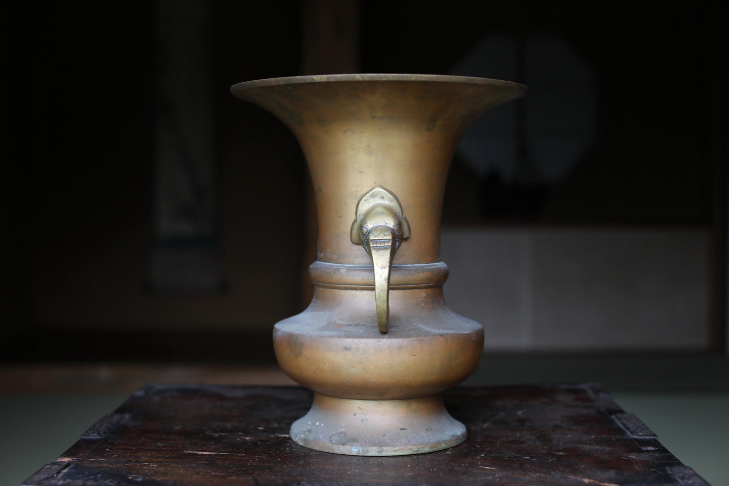 Japanese Antique Brass Vase – Edo Period Buddhist Temple Vessel with Detachable Lion Handles