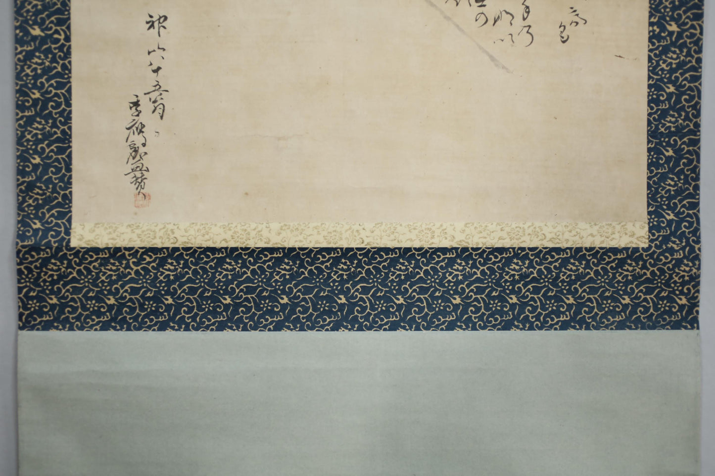Antique Japanese Zen Scroll – Mt Fuji Ink Painting with Kanji Calligraphy & Bamboo Rollers