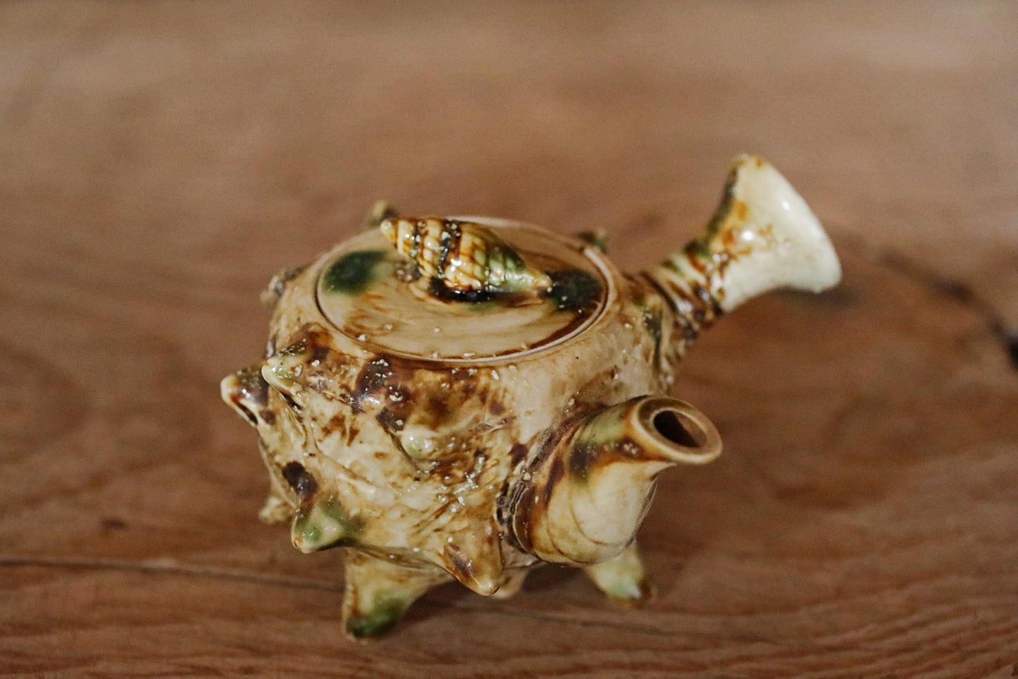 Vintage Ceramic Teapot - Japanese Sencha Tea Pot with Turban Shell Design & Green Oribe Glaze