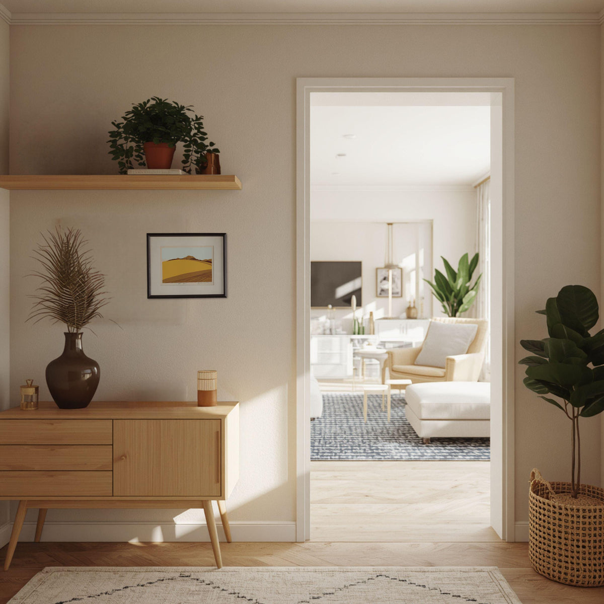 a well-decorated living room with a wooden console table, a shelf with plants, and a painting on the wall. The room is illuminated by natural light, and a doorway leads to another room with a couch and a coffee table.