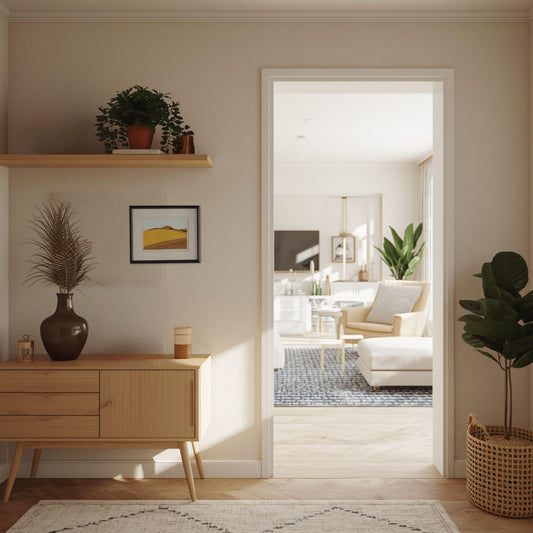 a well-decorated living room with a wooden console table, a shelf with plants, and a painting on the wall. The room is illuminated by natural light, and a doorway leads to another room with a couch and a coffee table.