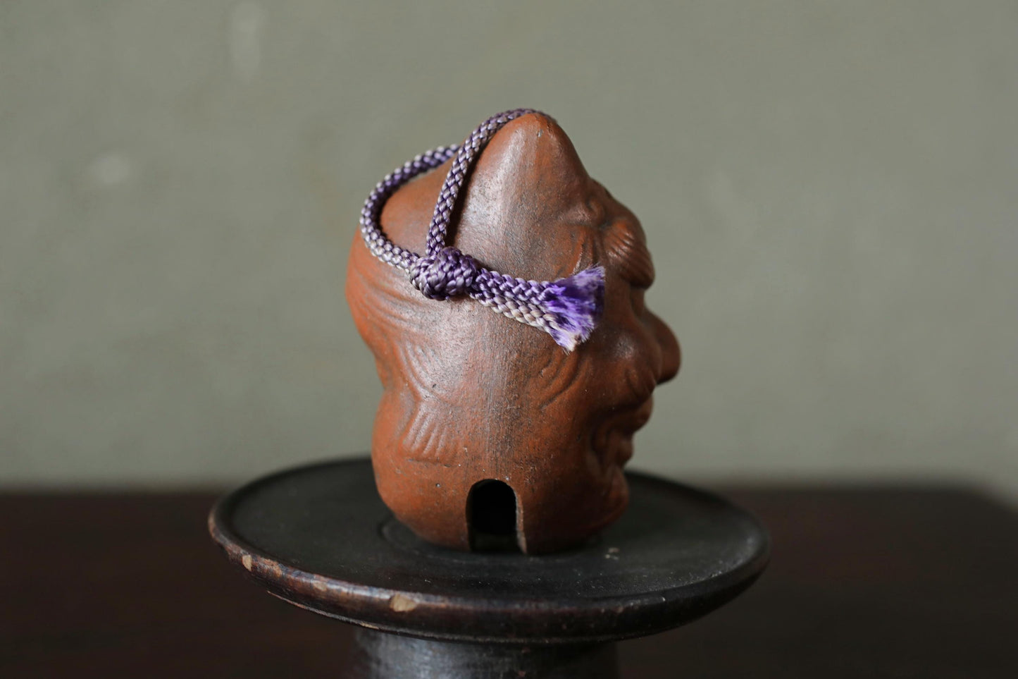 Japanese Pottery Bell - Vintage Oni Demon & Okame Mask Doll Ornament