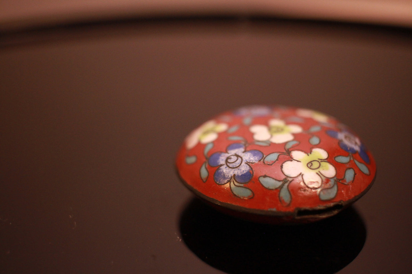 Antique Cloisonne Bead – Japanese Ojime Bead With Red Floral Motif & Silver Fittings