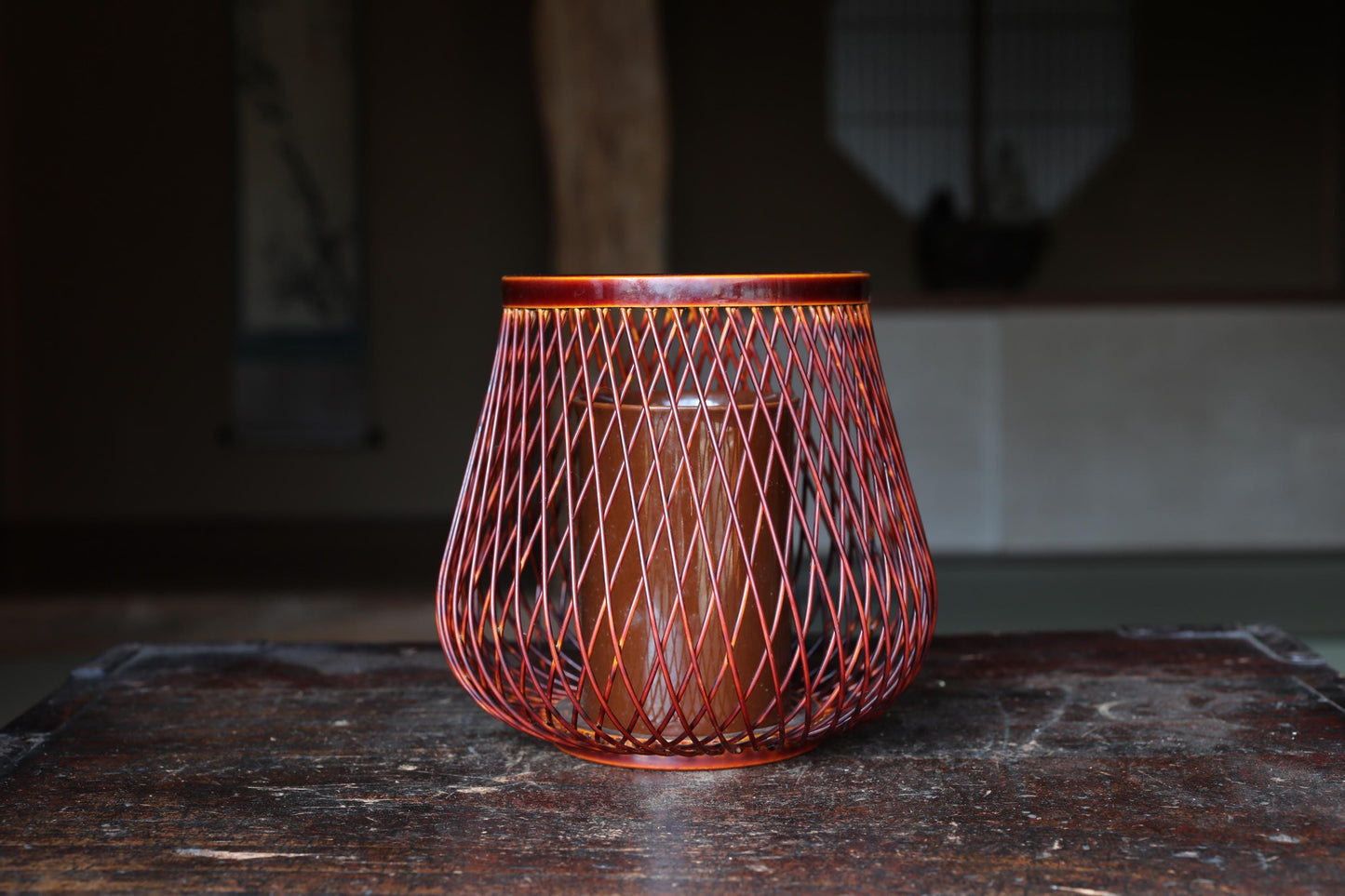 Japanese Bamboo Basket - Vintage Woven Bamboo Vase with Ceramic Ikebana Holder