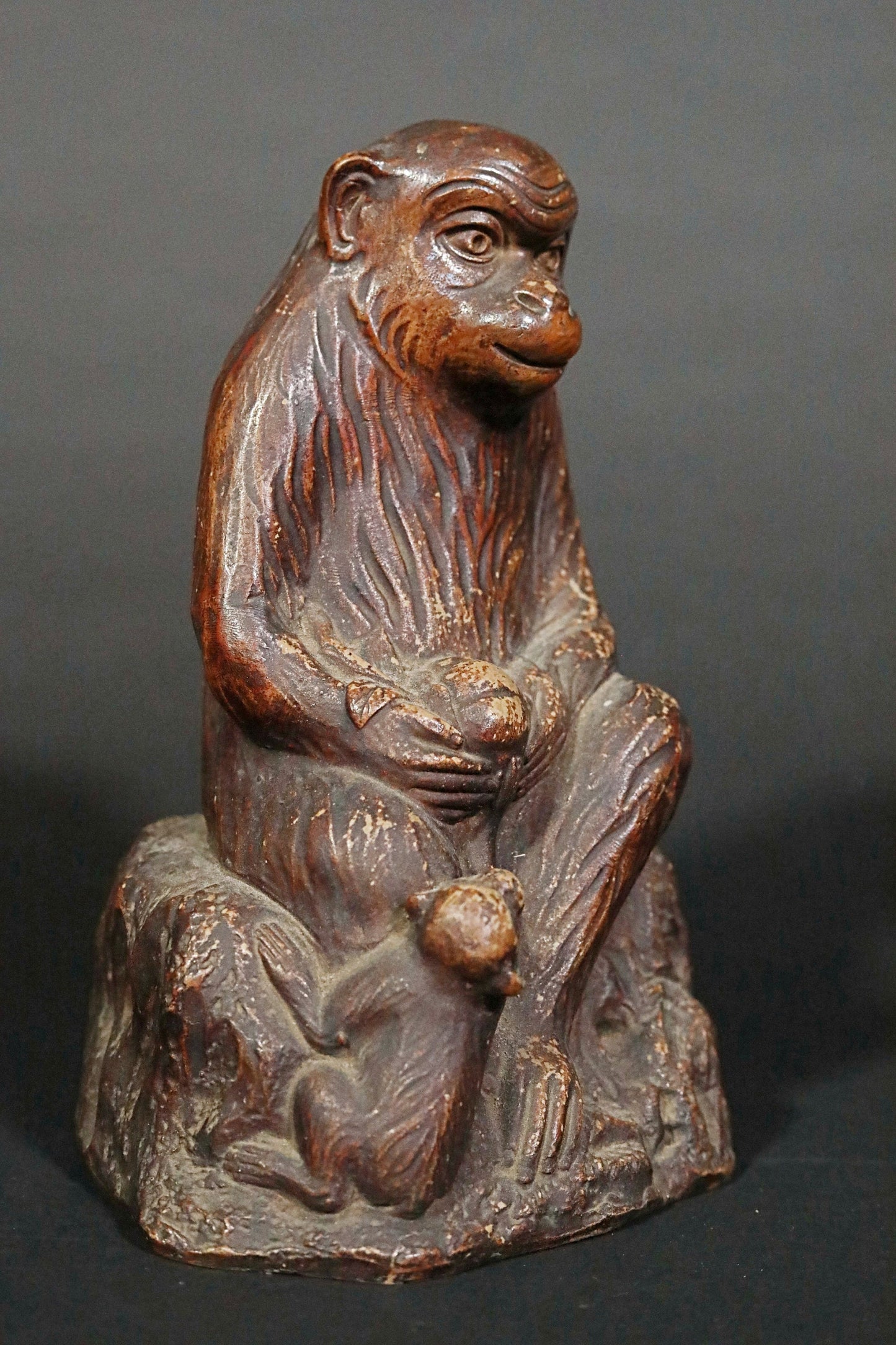 Bizen Ware Monkey Figurine - Signed Ceramic Statue With Longevity Peach, 1930s Vintage