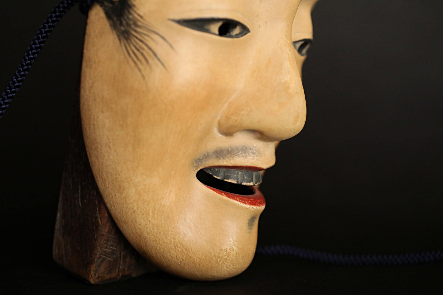 Antique Japanese Noh Mask - Chujo Samurai Hand Carved Wood Carving Art with Silk Bag