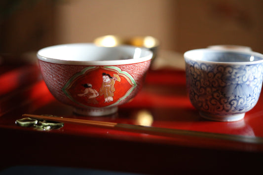 Japanese Kutani Bowls – Antique Porcelain Tea Ceremony Set, Hand-Painted 1920s