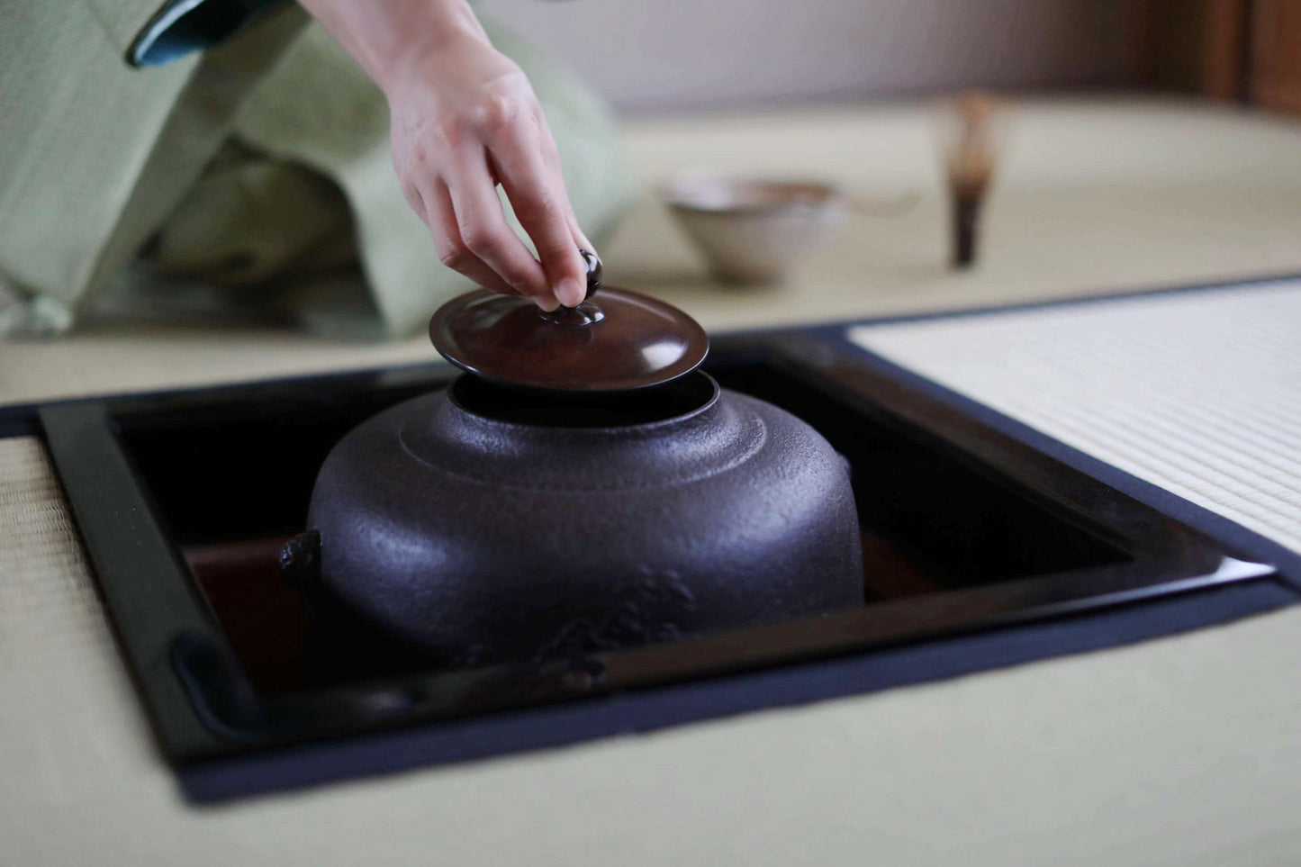 Japanese Cast Iron Kettle – Vintage Tea Ceremony Kettle with Pine Tree Relief & Copper Lid