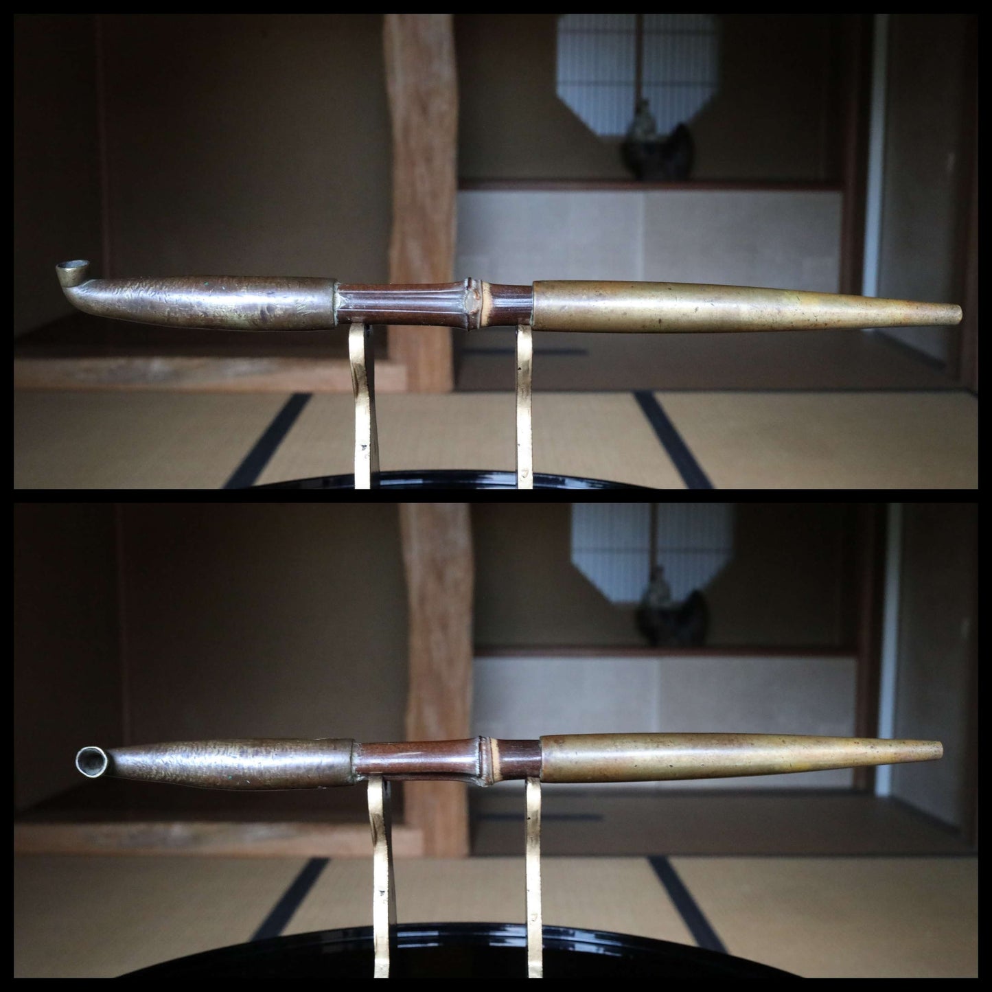 Japanese Antique Kiseru Pipe - Rare Edo Period Brass & Silver Tobacco Pipe With Dragon Engraved Leather Case