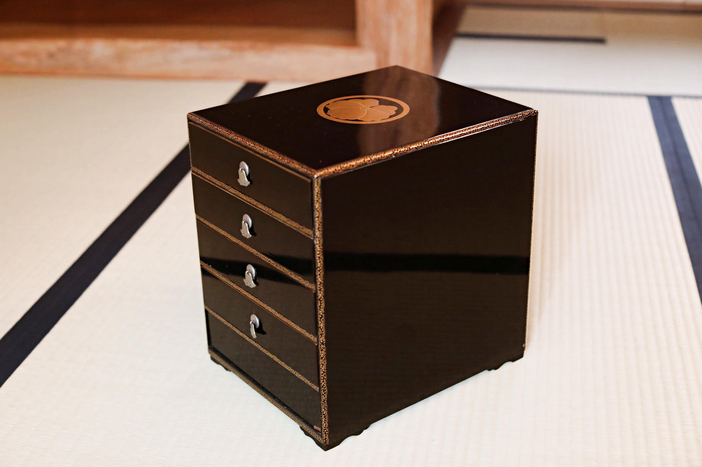 Tansu Chest: Black Lacquer Japanese Temple Chest With Gold Makie Family Crest & Glossy Finish