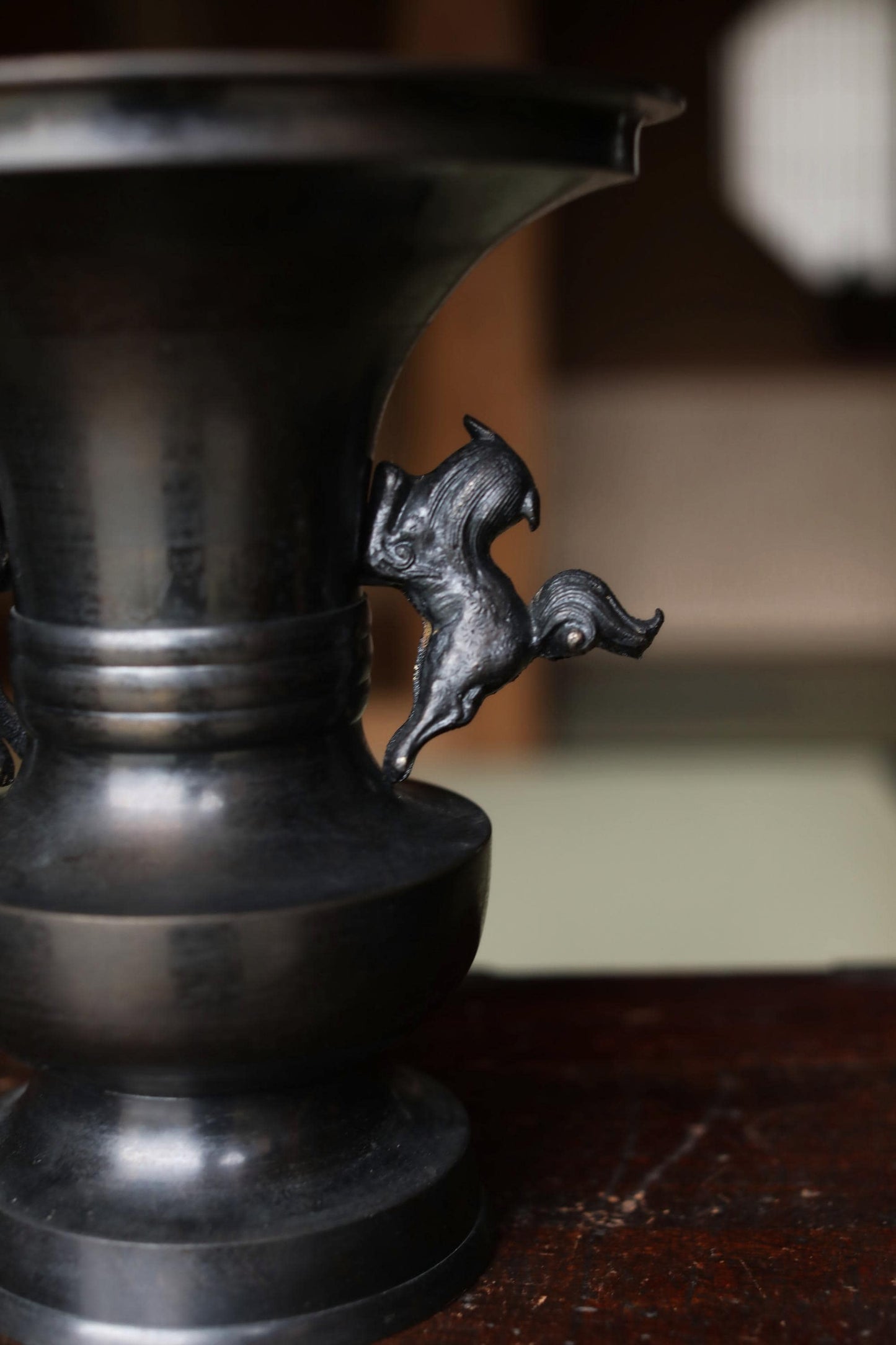 Vintage Japanese Bronze Vase – Large Ikebana Vessel with Shishi Lion Handles