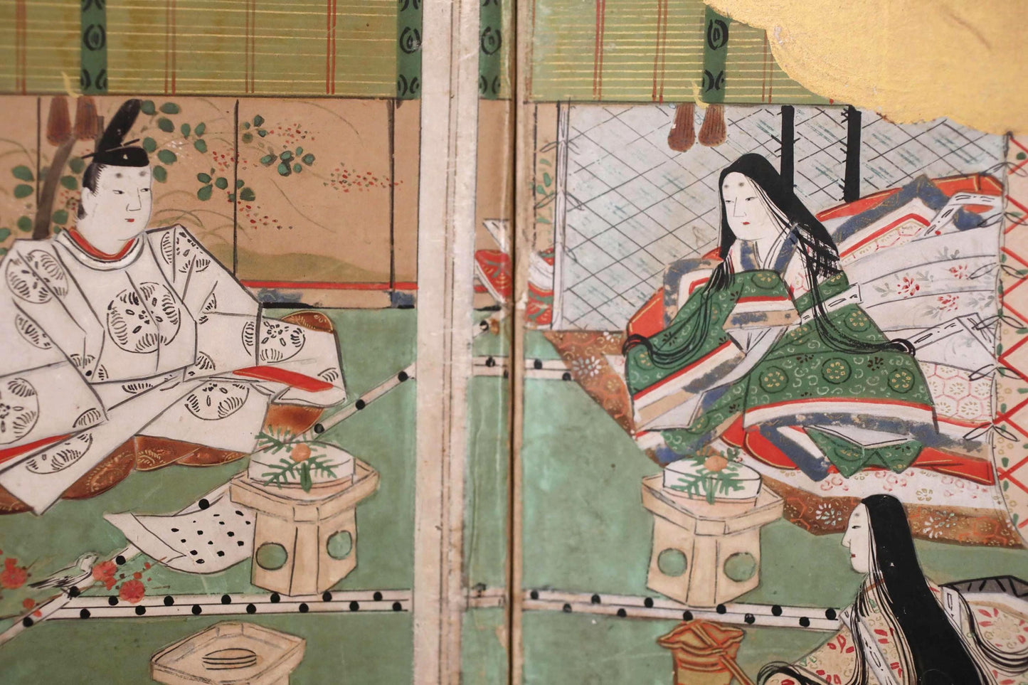 Antique Japanese Byobu Folding Screen - Edo Period Tale of Genji Art, Gold Leaf Decor