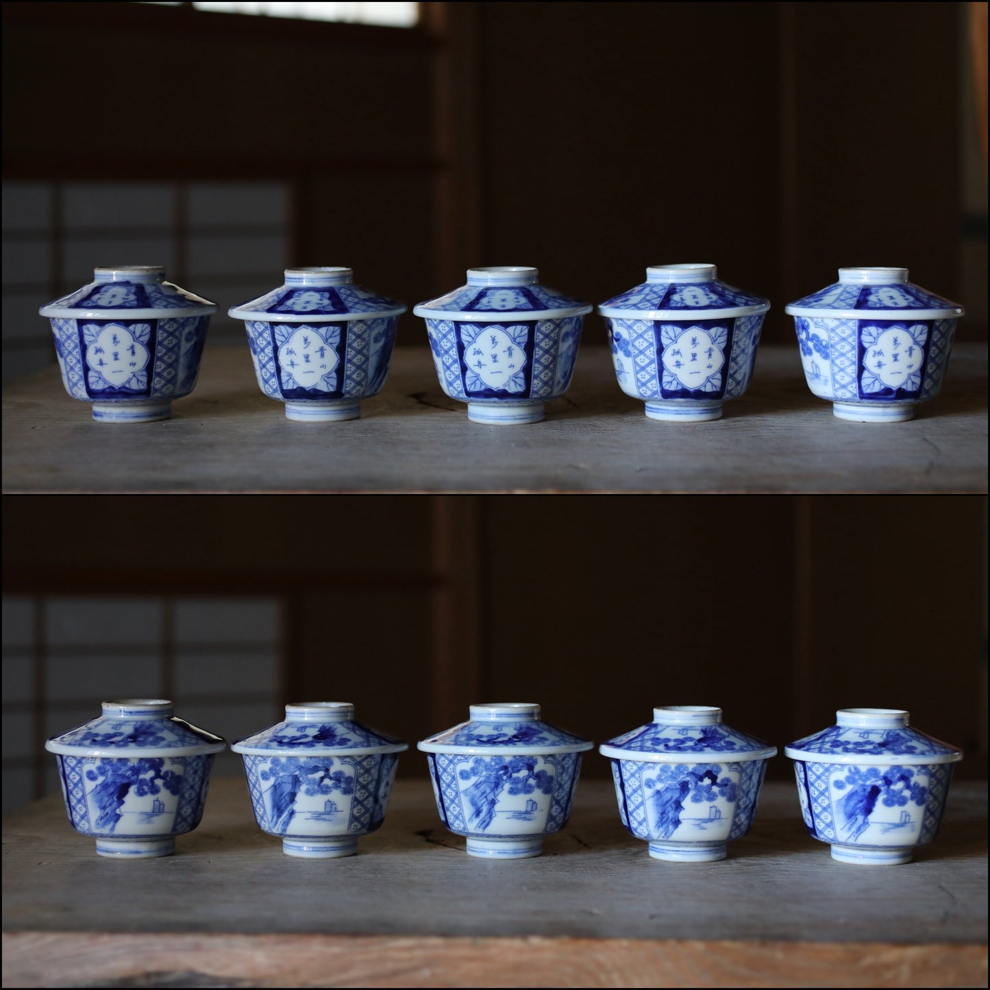 Antique Japanese Bowls - 1920s Imari Porcelain Set of 5 with Lids | Hand-Painted Blue White