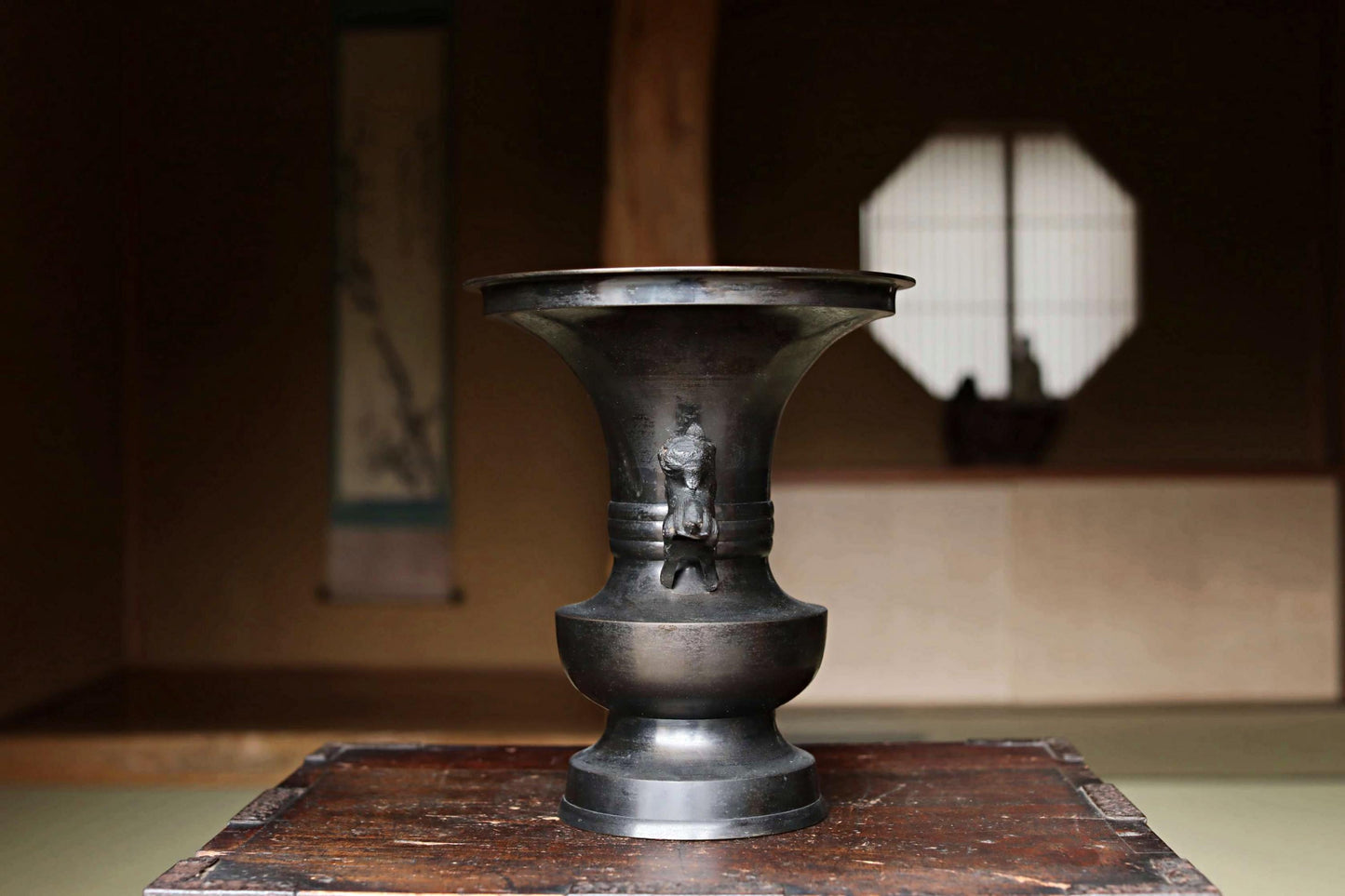 Vintage Japanese Bronze Vase – Large Ikebana Vessel with Shishi Lion Handles