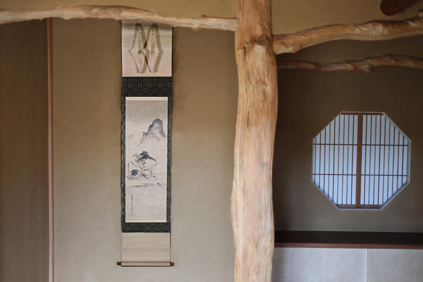 Japanese Antique Scroll - Edo Period Art Kakejiku with Crane and Turtle Ink Wash Painting