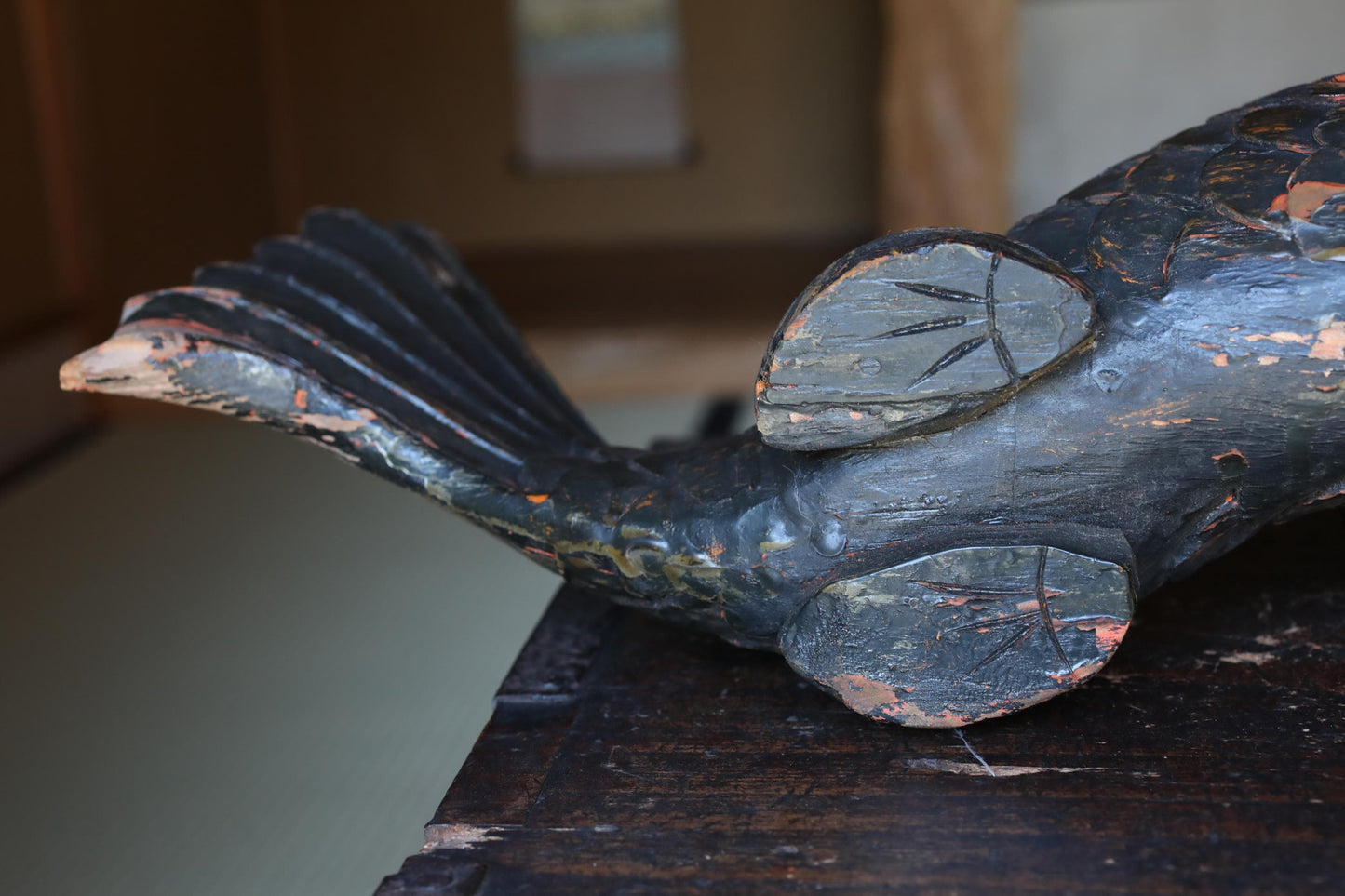 Large Wooden Fish - Japanese Antique Mingei Irori Hearth Hook Sculpture 4kg