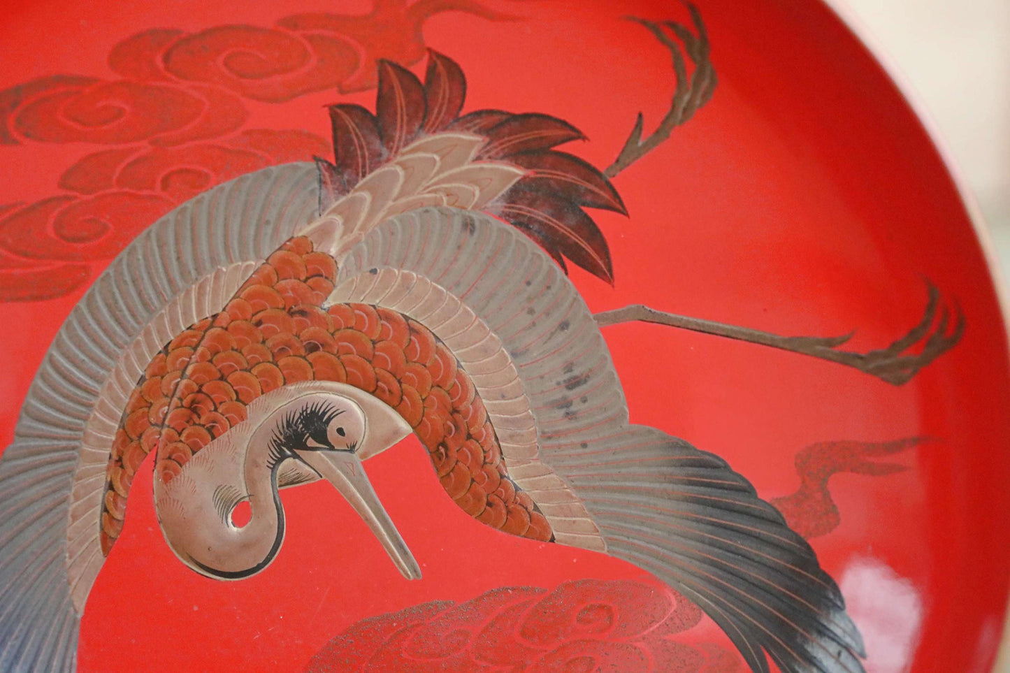 Antique Lacquer Sake Cups - Japanese Red Gold Crane Design Wooden Sakazuki Set