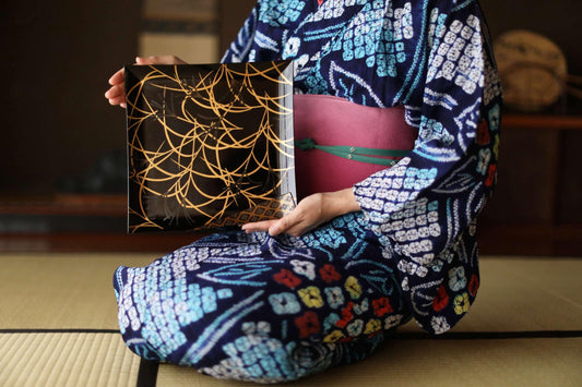 Japanese Lacquer Tray - Antique Black Urushi Tray with Makie Gold Pampas Grass Design
