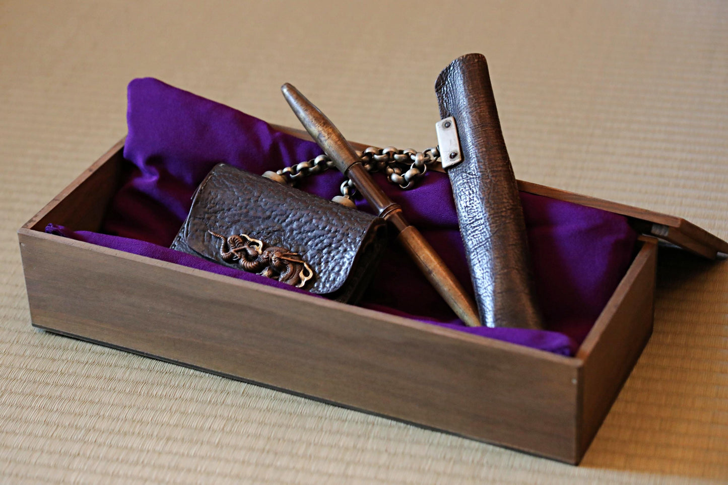 Japanese Antique Kiseru Pipe - Rare Edo Period Brass & Silver Tobacco Pipe With Dragon Engraved Leather Case