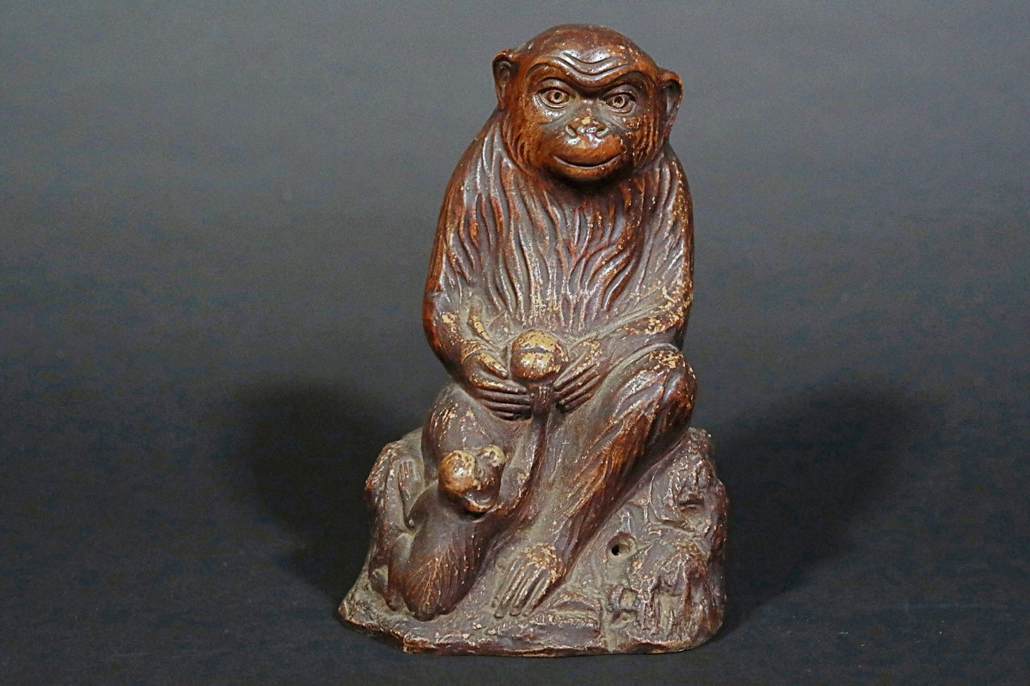 Bizen Ware Monkey Figurine - Signed Ceramic Statue With Longevity Peach, 1930s Vintage